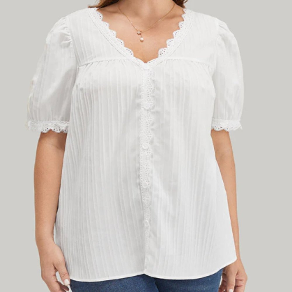 Solid Lace Button Detail Puff Sleeve Blouse